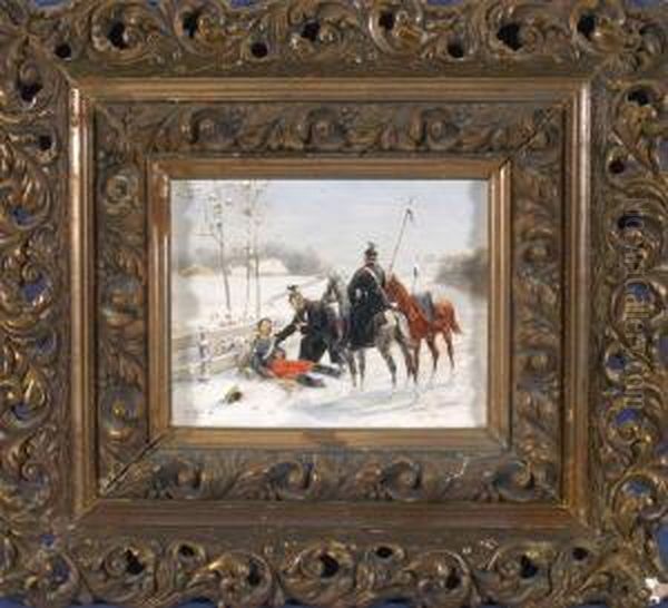 Zwei Preusische Ulane Versorgen Einen Verwundeten Soldaten In Winterlandschaft Oil Painting by Christian Ii Sell