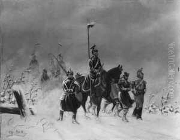 Winterpatrouille Im Krieg 
1870/71. Signiert Unten Links: Chr. Sell. Ol Auf Leinwand. H 27; B 35 
Cm. Oil Painting by Christian Ii Sell