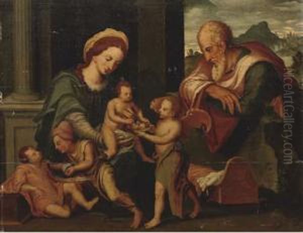 The Holy Family With Saint Simon And Saint James Oil Painting by Vincent Sellaer