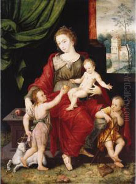 The Madonna And Child With The 
Infant Saint John The Baptist And A Child Pilgrim, A Landscape Visible 
Through A Window Beyond Oil Painting by Vincent Sellaer