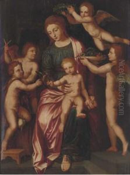 The Virgin And Child With The Infant Saint John The Baptist Andthree Putti Oil Painting by Vincent Sellaer