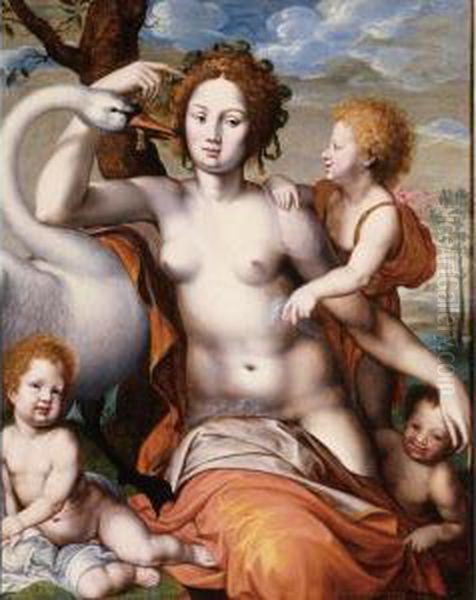 Leda With The Swan And Her Children Oil Painting by Vincent Sellaer