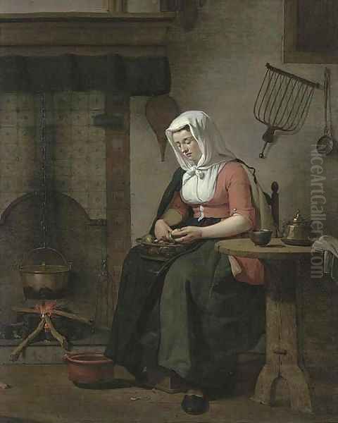 A woman seated in a kitchen peeling apples Oil Painting by Jan the Younger Ekels