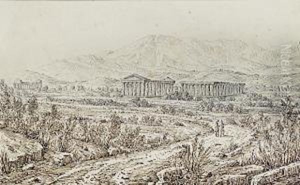 Temple Of Hera, Paestum; Aquaducts, Maddalone, Two Oil Painting by Antonio Senape