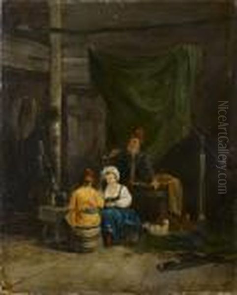 Un Couple Conversant Avec Un Russe Dans Un Interieur De Paysan Oil Painting by Jacques Albert Senave