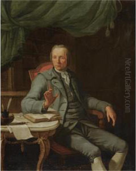 Portrait Of A Gentleman, Seated Three-quarter Length, In His Study, Wearing A Grey Suit Oil Painting by Jacques Albert Senave