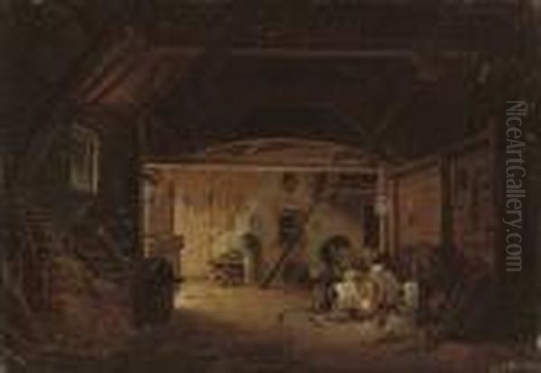 At Work In The Barn Oil Painting by Jacques Albert Senave