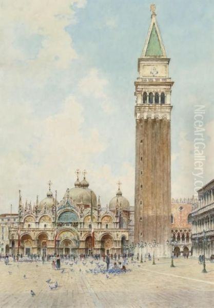 Feeding Pigeons Before The Basilica Di San Marco Oil Painting by Rafael Senet y Perez