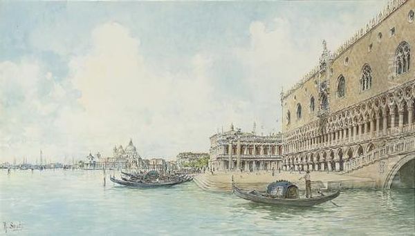 A Goldolier Before The Molo, Venice Oil Painting by Rafael Senet y Perez