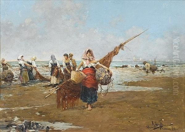 Fishergirls On The Beach Oil Painting by Rafael Senet y Perez