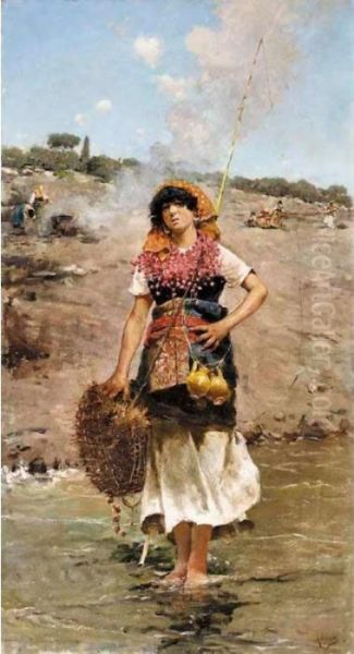 Pescadora (a Young Fisherwoman) Oil Painting by Rafael Senet y Perez