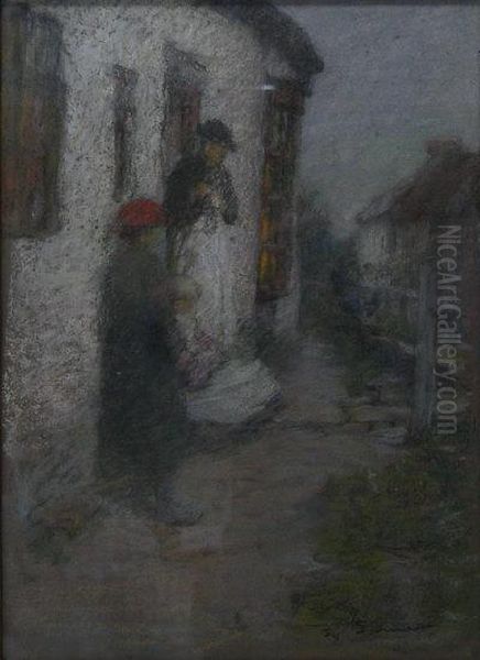 Figures Standing By A Cottage Door Oil Painting by Mark Senior