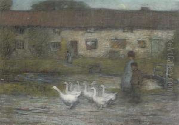 Children And Geese Beside A Stream; And A Kiss Goodnight Oil Painting by Mark Senior