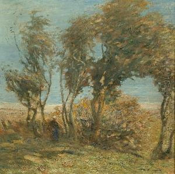 A Figure Under Coastal Trees On A Breezy Day by Mark Senior