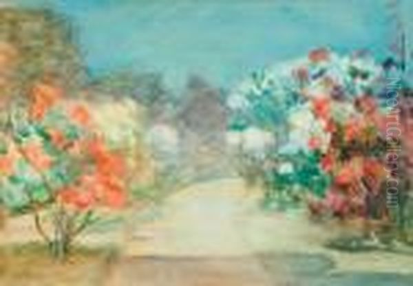 A Pathway Leading Through A Rose Garden Oil Painting by Mark Senior