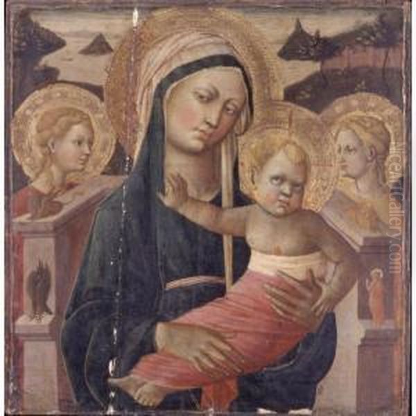 Madonna And Child Enthroned, 
Flanked By Two Female Saints And The Symbols Of The Four Evangelists Oil Painting by Giovanni di ser Giovanni Guidi (see Scheggia)