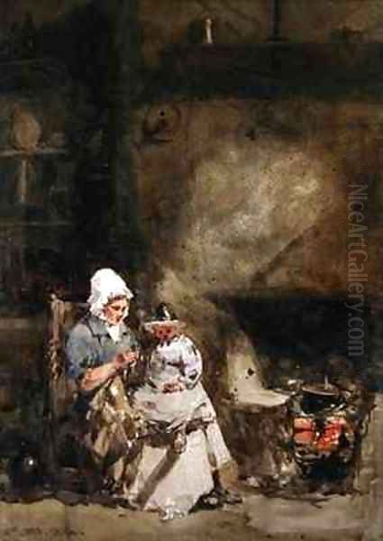 A Woman and Child by a Hearth Oil Painting by William (of Bristol) Evans