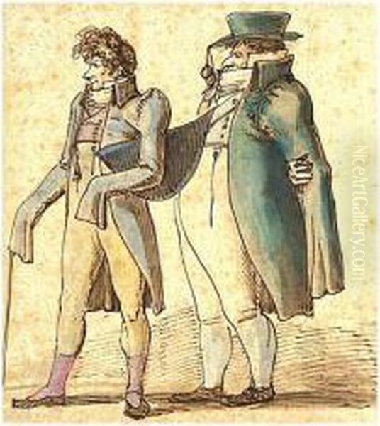 Caricature Of Two Dandies Oil Painting by Johan Tobias Sergel