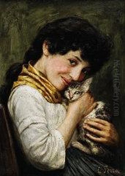 Fanciulla Col Gatto Oil Painting by Ernesto Serra