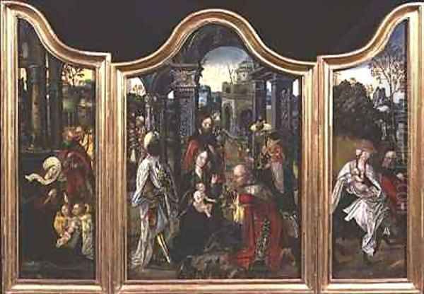 Triptych Adoration of the Magi Nativity and Rest on the Flight into Egypt Oil Painting by Cornelis Engelbrechtsen