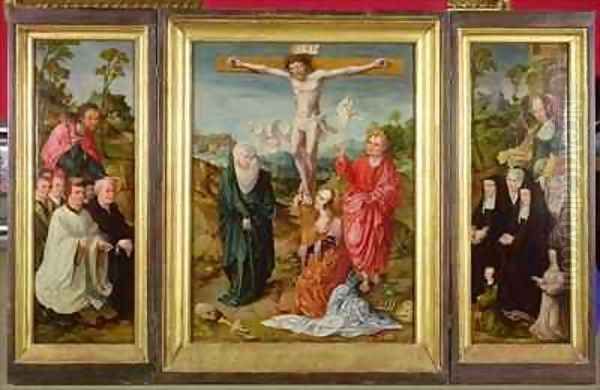 Triptych of The Crucifixion St Barbara with Donors St James the Greater with Donors The Crucifixion Oil Painting by Cornelis Engelbrechtsen