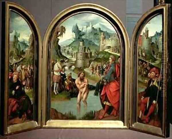 Triptych of the Cleansing of Naaman the centre panel depicts Naaman commander of the Syrian army washing in the River Jordan to cure his leprosy at the command of the prophet Elisha who in the background refuses gifts offered to him Oil Painting by Cornelis Engelbrechtsen