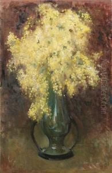 Vaso Di Mimose Olio Su Tela Oil Painting by Luigi Serralunga