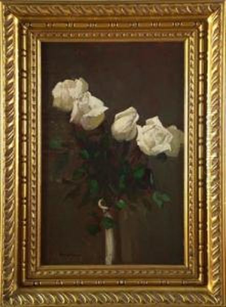 Vaso Di Rose Bianche Oil Painting by Luigi Serralunga