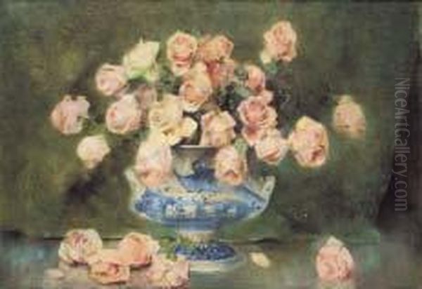 Rose Nel Vaso Blu Oil Painting by Luigi Serralunga