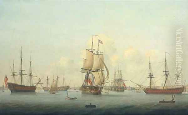 A panorama of Portsmouth harbour, with a flagship of the Red Squadron making sail as she departs Oil Painting by Thomas Elliott