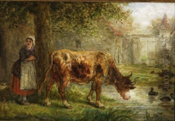 Milkmaid And Her Cow Oil Painting by Antony Serres