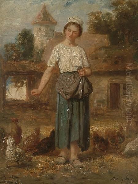 A Young Girl Feeding Chickens In A Farm Yard Oil Painting by Antony Serres