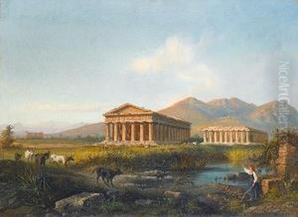 Cattle Watering At A Pool Before The Temples At Paestum Oil Painting by Giovanni Serritelli