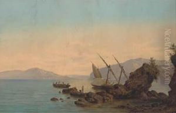 A Xebec Moored In The Bay Of Naples, Her Crew Fishing From Alongboat Oil Painting by Giovanni Serritelli