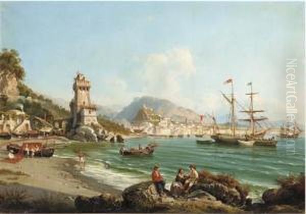 An Italian Brig And A Greek Barque Anchored Off The Neapolitan Coast Oil Painting by Giovanni Serritelli