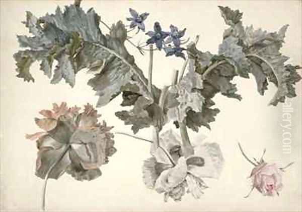 Double flowered opium poppies poppy leaves delphinium and a rosebud Oil Painting by Eelke-Jelles Eelkema