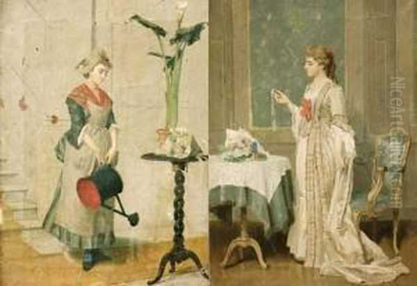 La Femme A L'arrosoir - Jeune Femme Regardant Un Medaillon Oil Painting by Auguste Serrure