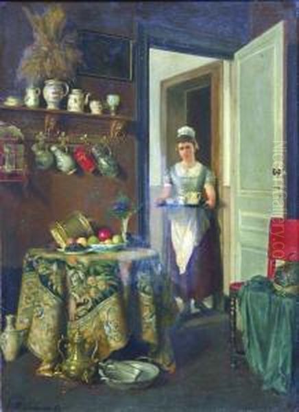 Dienstmeisje In Een Interieur - Bonne Dans Un Interieur. Oil Painting by Auguste Serrure