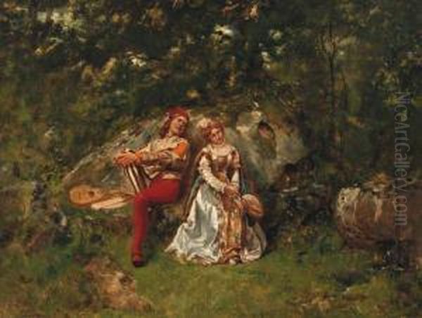 A Jester Courting A Lady In A Forest Oil Painting by Auguste Serrure