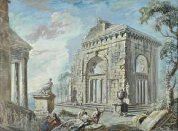 Caprice De Ruines Romaines Animees De Personnages. Oil Painting by Giovanni Niccolo Servandoni