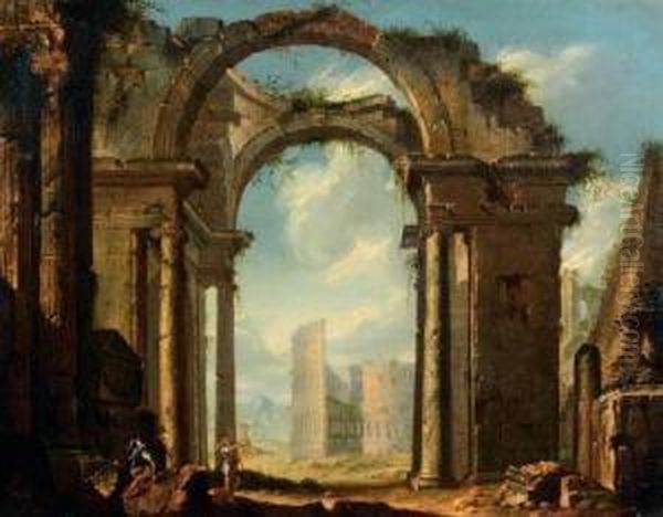 Capriccio De Ruines Romaines Avec Le Colisee Oil Painting by Giovanni Niccolo Servandoni