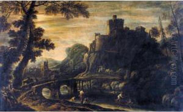 A Rocky River Landscape With Fishermen And Other Figures By A
 Bridge, A Castle And Village Beyond Oil Painting by Giovanni Niccolo Servandoni