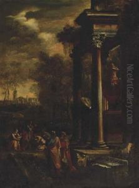 Figures Gathered Around A Font Among Classical Ruins Oil Painting by Giovanni Niccolo Servandoni