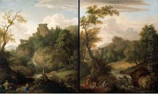 Classical Landscapes With Figures Resting Beside Cascades, Classical Buildings Beyond Oil Painting by Giovanni Niccolo Servandoni