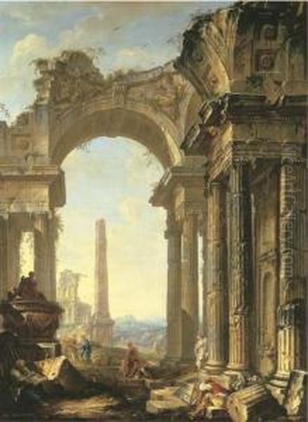 A Capriccio Of A Ruined Ionic Temple And An Obelisk With Figures Oil Painting by Giovanni Niccolo Servandoni