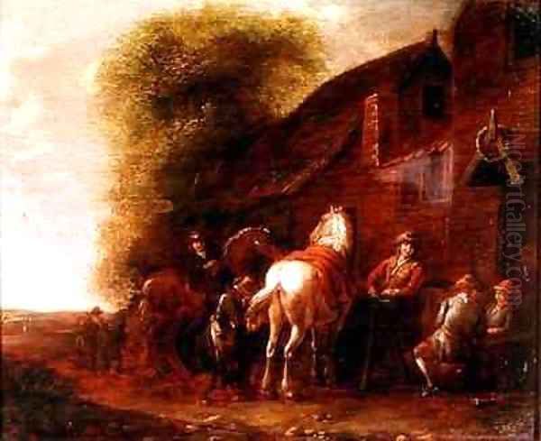 Horsemen outside a village inn Oil Painting by Cornelis van Essen