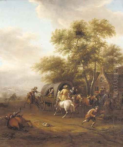 A highway robbery by a cottage Oil Painting by Cornelis van Essen