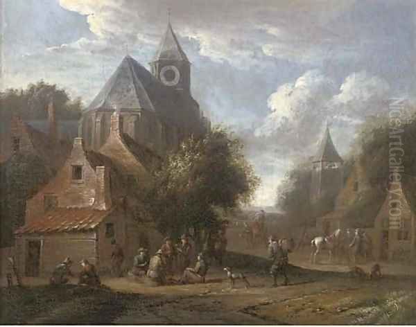 A village with boors smoking outside a church Oil Painting by Cornelis van Essen