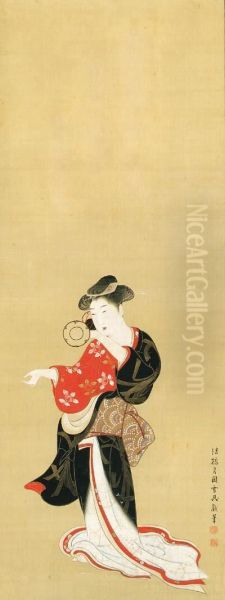 Dancer With Drum Oil Painting by Tsukioka Settei