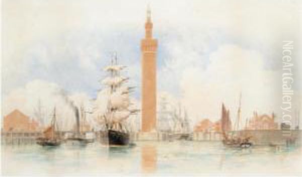 Shipping Off Grimsby, The Dock Tower Beyond Oil Painting by William Frederick Settle